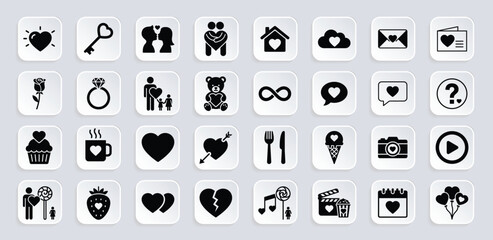 Valentine&rsquo;s Day glyph icon set. Vector pictograms of love, romance, couple, heart, gift, family, celebration and relationship illustration.