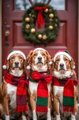 Three Cute Dogs Wearing Santa Hats and Scarves Sitting by Front Door