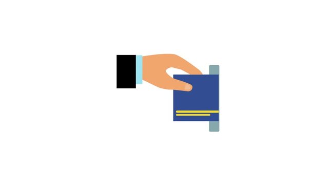 A hand is holding a blue card and inserting it into a. Animation video