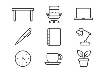 Fototapeta premium Executive Workspace Icons. Executive workspace. Line icon set of executive workspace: desk, leather chair, laptop, pen, notebook, lamp, phone, clock, cup,
