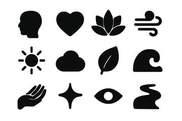 Fototapeta premium Self-Awareness Icons. Self-awareness. Solid icon set of self-awareness: head silhouette, heart, lotus, breath, sun, cloud, leaf, wave, hand, sparkle, eye,
