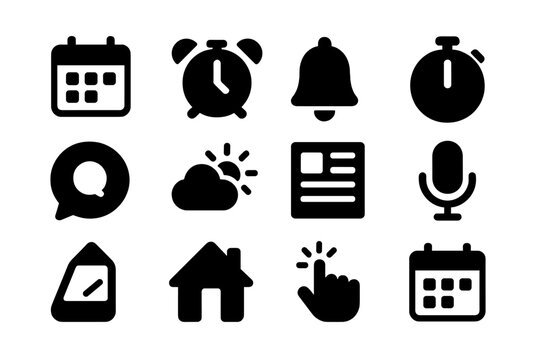 Daily Assistance Icons. Daily assistance. Solid icon set of Daily assistance: calendar, alarm clock, reminder bell, timer, notification icon, weather, news