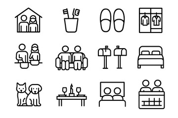 Cohabitation Icon Set. Cohabitation. Line icon set of Cohabitation: couple sharing home, two toothbrushes in cup, pair of slippers, shared wardrobe, couple