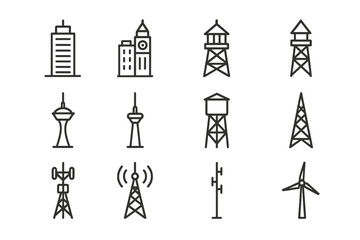 Fototapeta premium Skyscraper & Tower Icons. Skyscraper and tower types. Line icon set of Skyscraper and tower types: office skyscraper, mixed-use high-rise, clock tower, fire