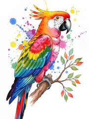 Vibrant watercolor macaw perched on a branch, showcasing a rainbow of tropical colors amidst artistic paint splatters, perfect for creative design projects