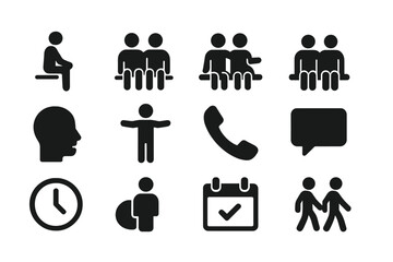 Being There Icons. Being there. Solid icon set of Being there: waiting figure, sitting side by side, arm around, shared silence, listening face, open arms,