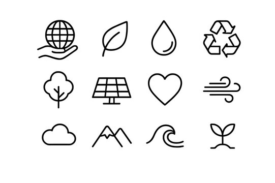 Planet Care Icons. Planet Care. Line icon set of Planet Care: hand holding globe, leaf, water drop, recycling symbol, tree, solar panel, heart, wind, cloud,