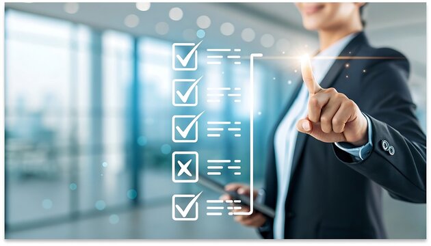 Businesswoman completing digital checklist on virtual screen   - Powered by Adobe