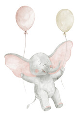 Watercolor illustration of a small elephant with two balloons. Drawing of cute animal for nursery posters. Art of jumbo cub for baby slower greeting cards or childish Birthday invitations. Art for kid
