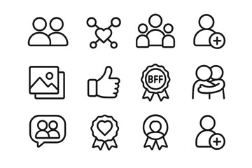 Online Friendship Icons. Friendship online. Line icon set of friendship online: people icon, heart with connection, mutual friends, friend request icon, shared