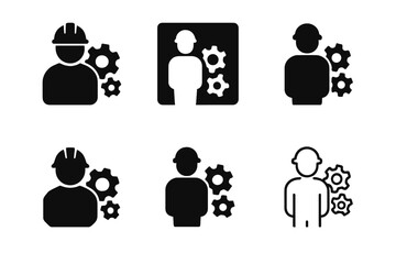 Workplace Hazard Icons. Workplace hazards. Icon set. Set Logo of workplace hazards: Worker near machinery gears. harmonious logo variations of the same