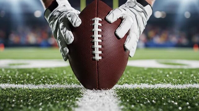 American Football Player Holding Ball on Field.
