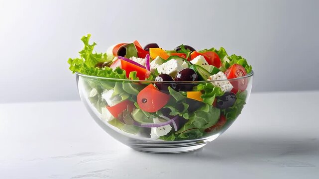 Greek salad in a glass bowl with olives, feta cheese, and fresh vegetables. Healthy eating, Mediterranean diet, and organic food concept.