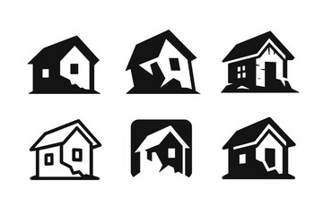 Fototapeta premium Abandoned House Logos. Dilapidated house with no sign of life. Icon set. Set Logo of abandoned home: sagging structure. harmonious logo variations of the same