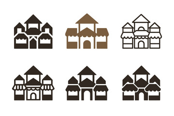 Fototapeta premium Town Square Logo Variations. town square. Icon set. Set Logo of town square: market stalls arrangement. harmonious logo variations of the same emblematic