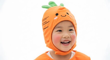 Joyful young child wearing a cute, smiling carrot costume hat against a bright white background