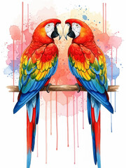 Vibrant watercolor artwork featuring a pair of colorful parrots perched together, a stunning representation of tropical nature and artistic beauty