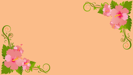 Pink hibiscus flowers and green vines decorative corners on peach background