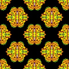 Neon Mandala Textile Pattern on Black Background
