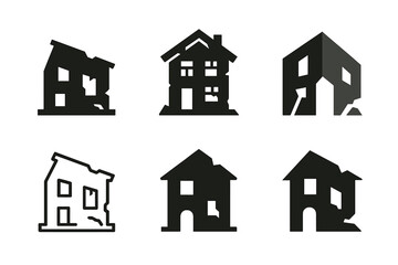 Fototapeta premium Abandoned House Logos. Dilapidated house with no sign of life. Icon set. Set Logo of abandoned home: crumbling facade. harmonious logo variations of the same