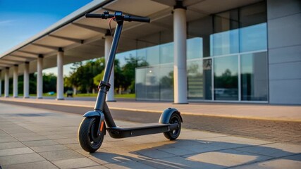 Modern electric scooter parked cinematically in bright morning sunlight. Green transport, urban mobility, and sustainable future commuting concept.