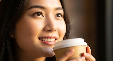 Closeup portrait of a young asian woman smiling while enjoying a hot beverage from a paper cup indoors near soft light
