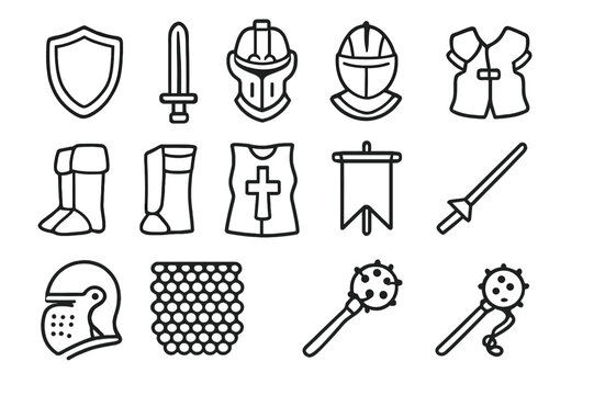Knight Accessories Icons. Knight Accessories. Line icon set of Knight Accessories: shield, sword, helmet, gauntlets, boots, tabard, banner, lance, visor,