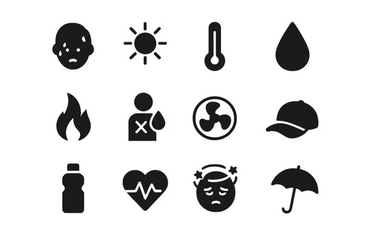 Heat Stress Icons. Heat stress. Solid icon set of heat stress: sweating person, sun, thermometer, water droplet, flame, dehydration symbol, fan, cap, drink