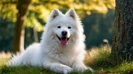 Obraz premium Smiling Samoyed on grass Generative Ai
