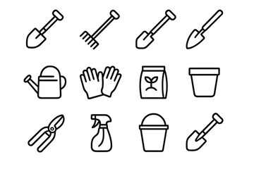 Obraz premium Gardening Tool Icons. Gardening Tools. Line icon set of Gardening Tools: shovel, rake, hoe, trowel, watering can, gloves, seed packet, pot, pruning shears,