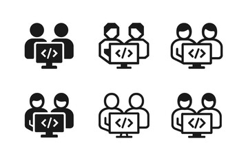 Collaborative Coding Logos. developer coding in a collaborative workspace. Icon set. Set Logo of developer coding in a collaborative workspace: two coders