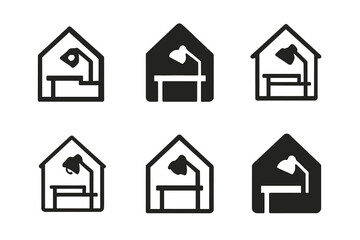 Fototapeta premium Home Office Logo Variations. Working on a creative project from home. Icon set. Set Logo of working on a creative project from home: Home office setup with