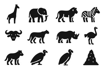 Obraz premium African Wildlife Icons. African wildlife. Solid icon set of African wildlife: giraffe, elephant, lion, zebra, buffalo, cheetah, rhinoceros, ostrich, hyena,
