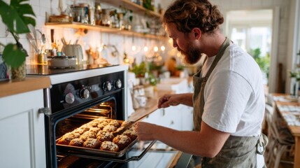 Man baking cookies in kitchen.