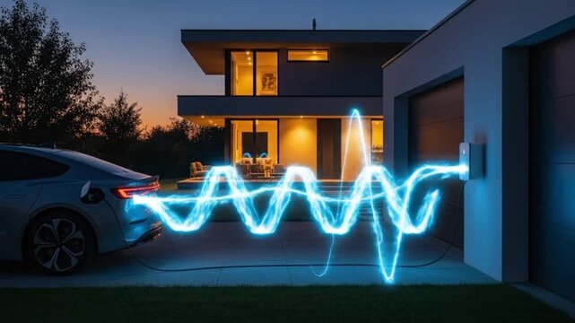 Electric Vehicle Charging at Home during Twilight with Energy Wave Visualisation providing clean energy for sustainable transportation future showcasing modern house and EV technology innovation