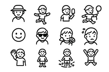 Naklejka premium Summer Kids Icons. Summer kids. Line icon set of summer kids: child with hat, skipping child, holding popsicle, running with balloon, smiling face, sunglasses