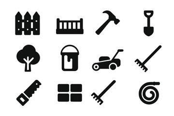 Obraz premium Outdoor Renovation Icons. Outdoor renovation. Solid icon set of outdoor renovation: fence, deck, hammer, shovel, tree, paint bucket, lawn mower, wheelbarrow,