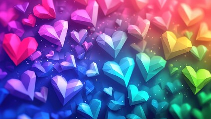 A vibrant and colorful background with low-poly hearts in various shades of blue, purple, pink, green, and red, creating an enchanting love