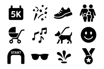 Icons of Racing Fun. 5K and Fun Run. Solid icon set of 5K and Fun Run: colorful bib, confetti, running shoes, family group, stroller, dog on leash, sunglasses,