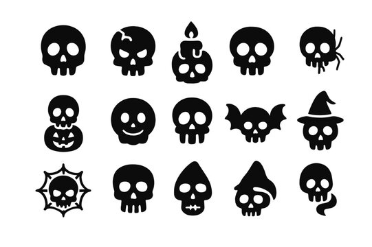 Halloween Skulls Icons. Halloween skulls. Solid icon set of halloween skulls: spooky skull, cracked skull, skull with candle, skull with spider, skull with