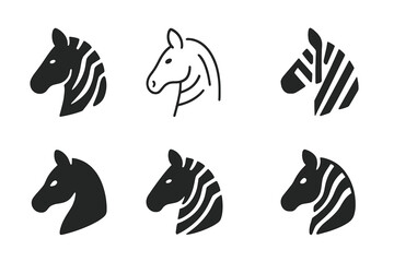 Obraz premium Zebra Logo Variations. Zoo visit. Icon set. Set Logo of zebra. harmonious logo variations of the same emblematic concept (Filled silhouette, Minimal outline,