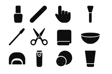 Obraz premium Home Manicure Icons. Doing a manicure at home. Solid icon set of doing a manicure at home: nail polish bottle, nail file, hand, brush, cuticle