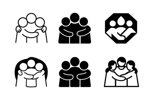 Family Memory Icons. Creating memories with friends and family. Icon set. Set Logo of creating memories with friends and family: group hug. harmonious logo