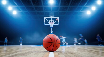 Basketball court under bright arena lights with players in motion