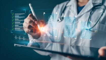 A doctor uses tablet and stylus to review digital patient profiles, health checklists and vital signs, AI driven diagnosis, medical data analysis, smart healthcare technology and clinical innovation.