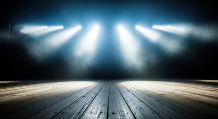 Bright stage lights illuminating a wooden floor in a dark venue