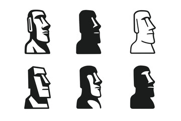Easter Island Icons. Famous archeological discoveries and their significance. Icon set. Set Logo of Easter Island Moai: monumental stone heads facing horizon.
