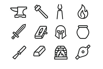 Fototapeta premium Ancient Forging Icons. Ancient forging. Line icon set of ancient forging: anvil, hammer, tongs, flame, sword, mold, helmet, pot, chisel, bronze bar, furnace,