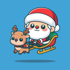 Cute Christmas Santa Sleigh a Reindeer Cartoon Vector Art, Illustration and Graphic