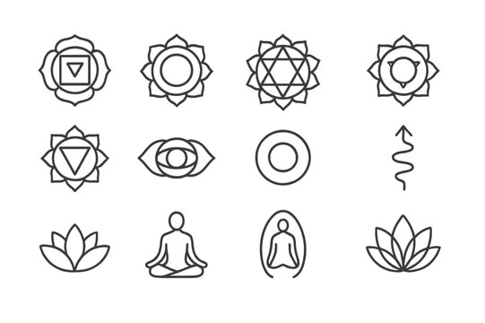Chakra Icon Set. Chakras. Line icon set of chakras: root chakra, sacral chakra, solar plexus chakra, heart chakra, throat chakra, third eye chakra, crown